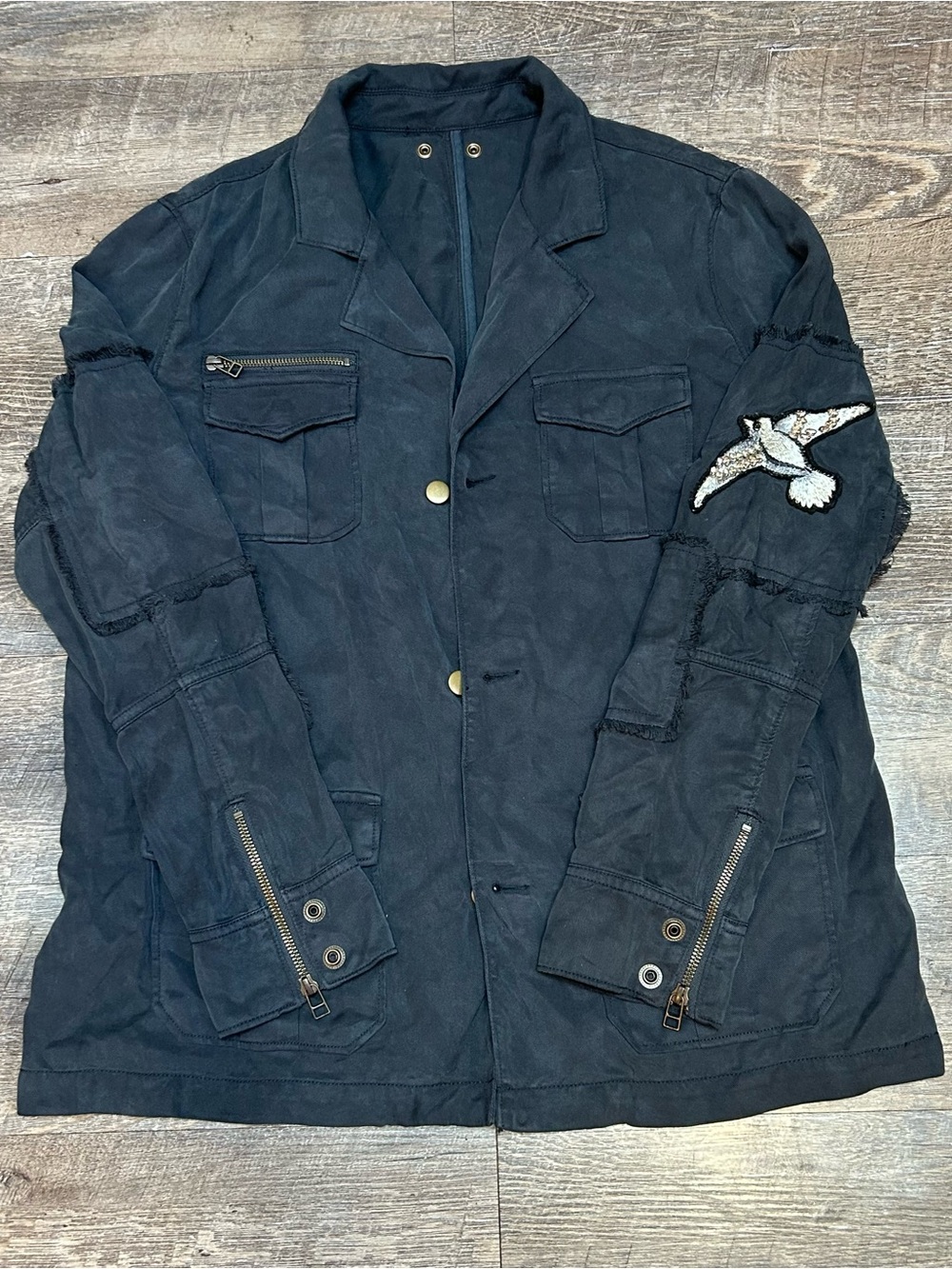 Pam & Gela Navy Utility Jacket with Embroidered Bird Patch